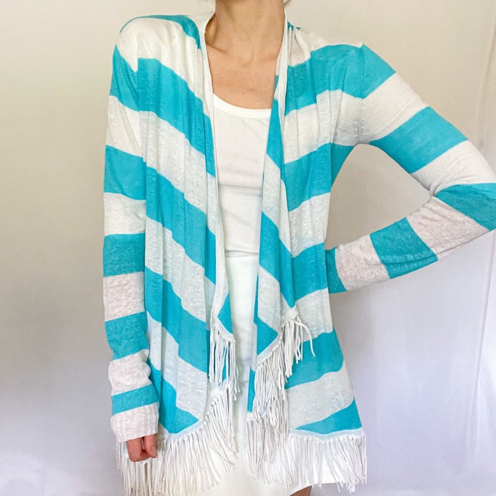 Central Park West Striped Fringe Open Cardigan Sweater